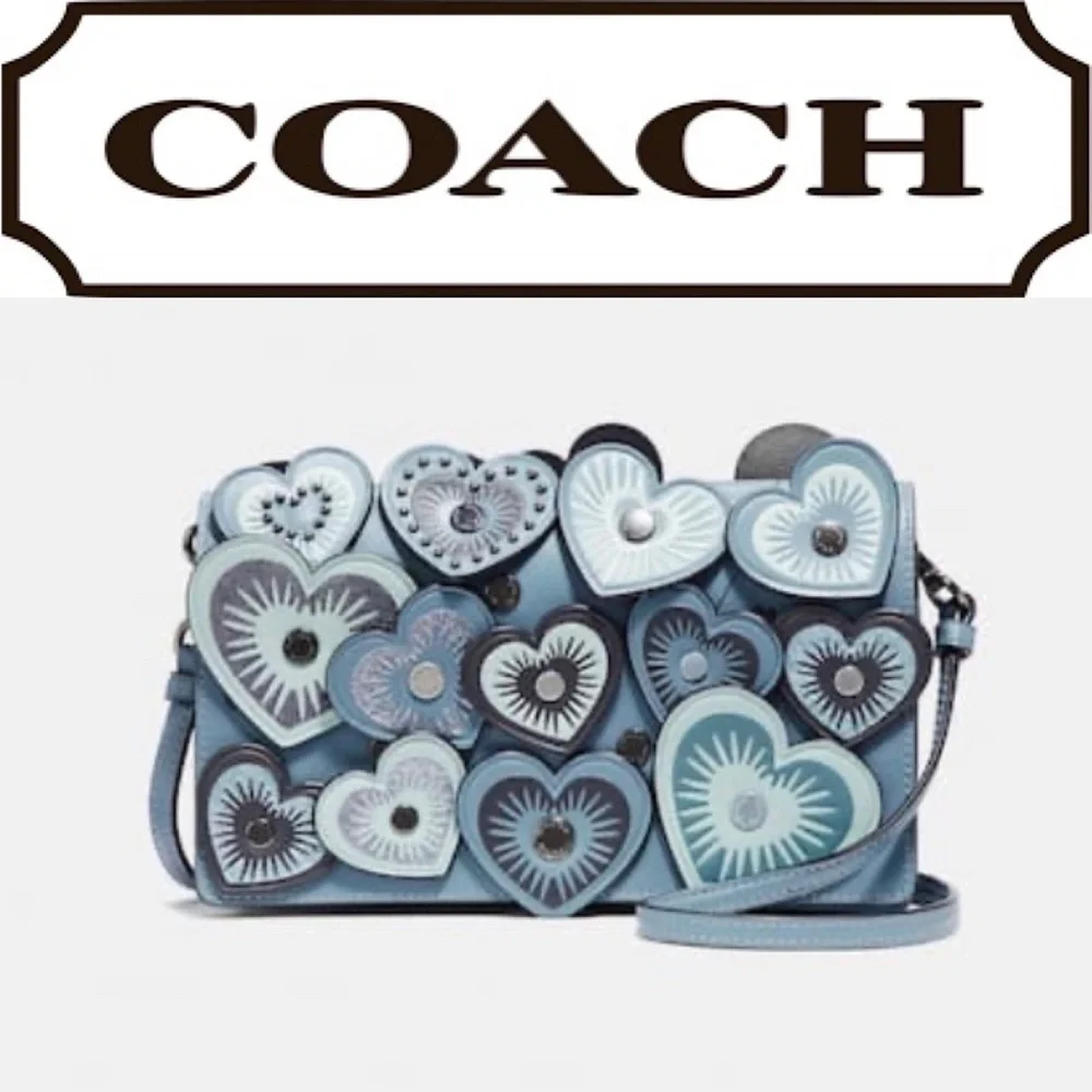 Coach Hayden Foldover Crossbody Clutch With Heart Blue Chambray Leather Stud tea